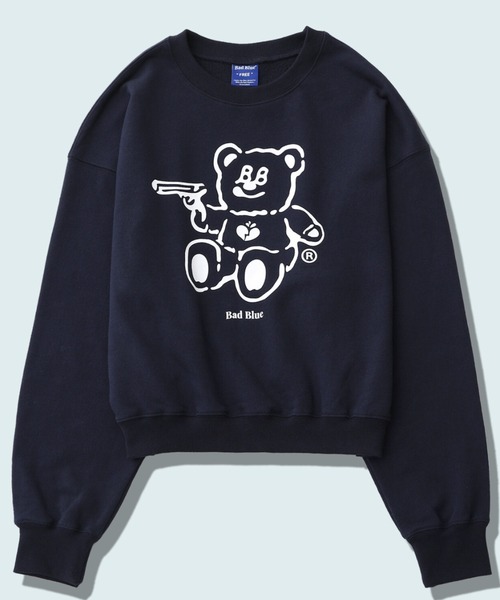 トレーナー スウェット BadBlue (バッドブルー) BadBear Crop Sweatshirt Navy レディース