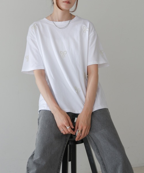 プリティ　リボンパールカットソー パールリボンモチーフTシャツ[dh1301] | レディースファッション通販の