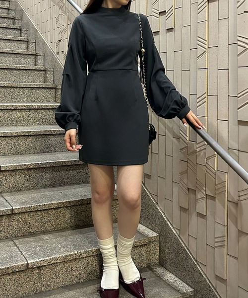 JUNOAH ワンピース ハイネックウエストタックミニワンピース  