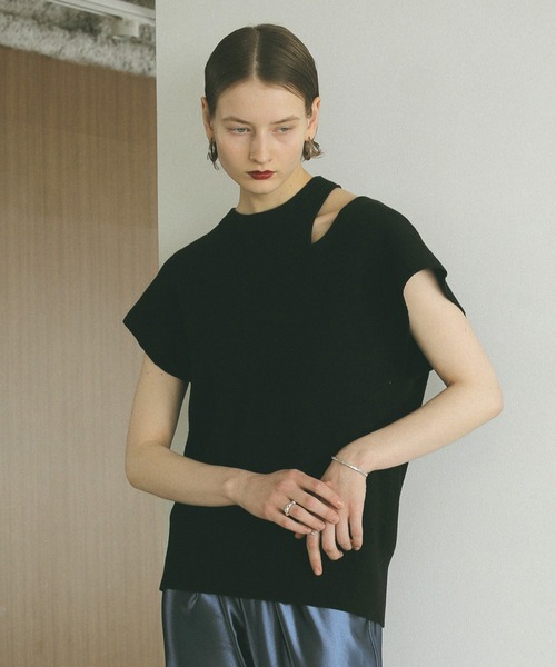 トップス MANOF HOLE KNIT TOPS BLACK MANOF（マノフ） tシャツ LAYERED THERMAL KNIT TOPS レディース