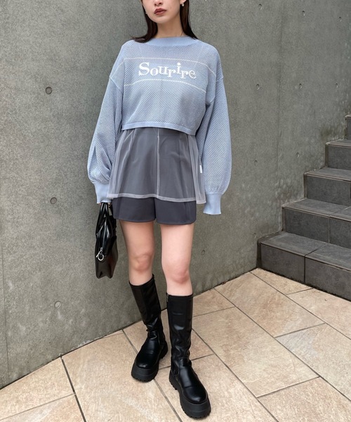 PURE BRIGHT ニット セーター ショート丈ロゴ刺繍メッシュニット