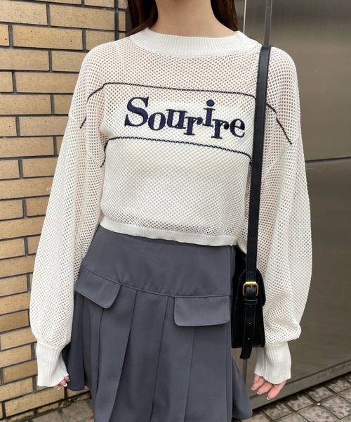 PURE BRIGHT ニット セーター ショート丈ロゴ刺繍メッシュニット