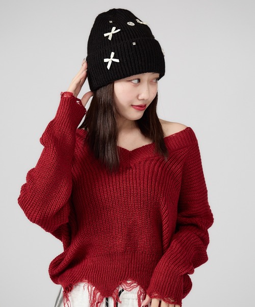 ROOP TOKYO ニット帽 ニットキャップ きらきらビジュー付き リボン