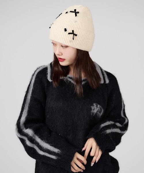 ROOP TOKYO ニット帽 ニットキャップ きらきらビジュー付き リボン