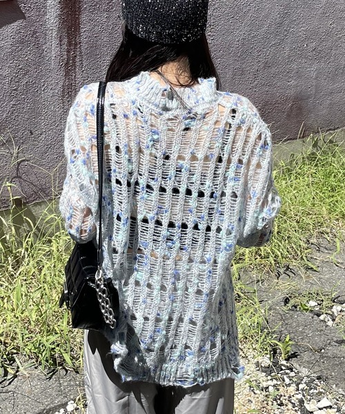 美品 慈雨 センソユニコ クロシェ編み 切替 変形アシンメトリー ニット