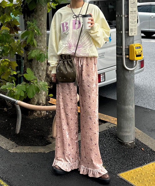 CIAOPANIC フリルプリーツパンツ CIAOPANIC パンツ ベロアフラワーフリルパンツ レディース