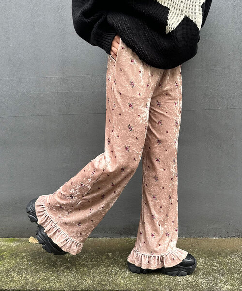 CIAOPANIC パンツ ベロアフラワーフリルパンツ レディース
