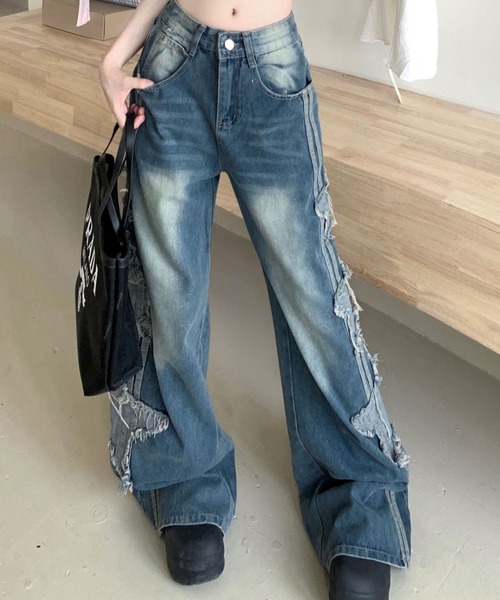 Emo Brother ダメージ加工 ワイドレッグデニム ダメージ加工 ワイドレッグデニムパンツ Emo Brother ダメージ加工