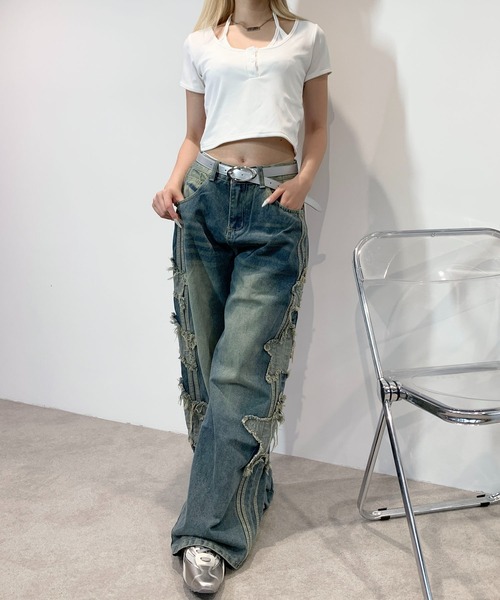 lilful ジーンズ デニム デニムパンツ ダメージスターモチーフ