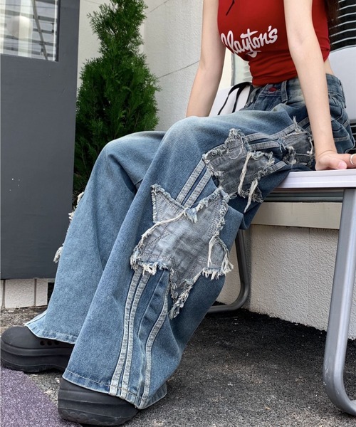 lilful ワイドパンツ ジーンズ デニム デニムパンツ ダメージスター