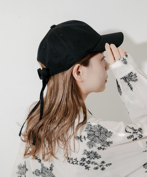 美品　【yori】 洗える 日よけ付きリボンキャップ ブラック 帽子 UV日よけ付きリボンキャップ | all item| yori