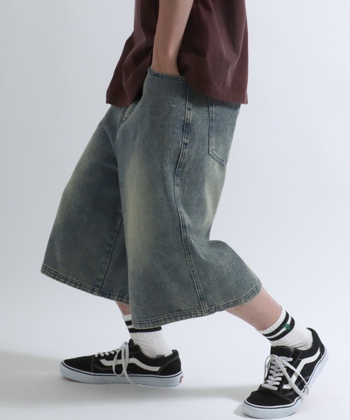 ジーンズ 12ozオーバーダイデニムワイドハーフパンツ/デニム