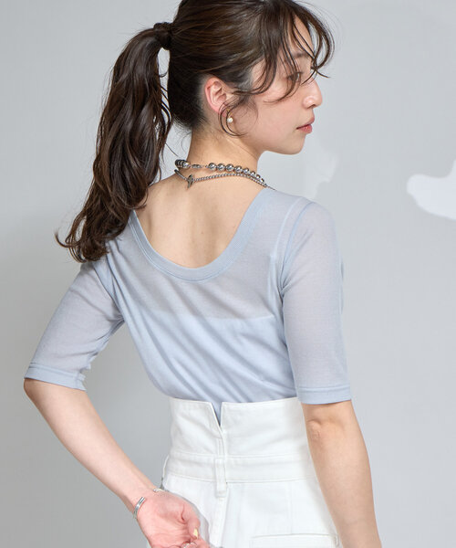 tシャツ 「着回し力抜群」シアーテレコ5分袖前後２WAYカットソー レディース La boutique Bonbon tシャツ 「着回し力抜群」シアーテレコ5分袖