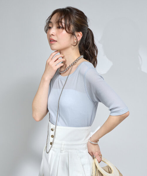 tシャツ 「着回し力抜群」シアーテレコ5分袖前後２WAYカットソー レディース La boutique Bonbon tシャツ 「着回し力抜群」シアーテレコ5分袖