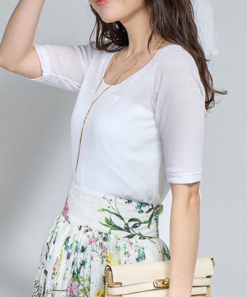 tシャツ 「着回し力抜群・女性らしさを演出」前後2WAYフレア袖レースカットソー レディース La boutique Bonbon tシャツ 「着回し力抜群」シアーテレコ5分袖