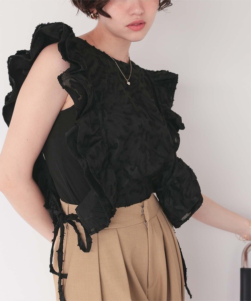 tシャツ 前後2wayジャガードフリルトップス/ジレ レディース titivate tシャツ 前後2wayジャガードフリルトップス/ジレ