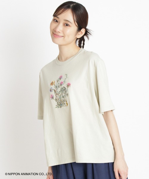 tシャツ SUPER　HAKKA×世界名作劇場　あらいぐまラスカルとシロツメクサ刺繍Tシャツ レディース