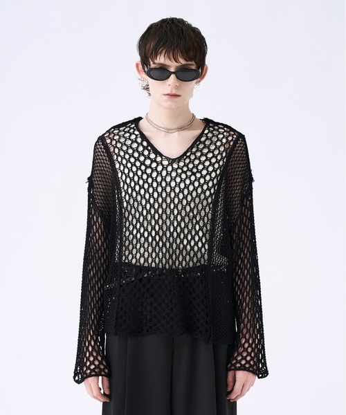 【送料込】光栓カノコメッシュインターシャ フリジップニット ＜チェック柄＞ セーター ニット Blocking V-neck mesh knit ブロッキングVネック