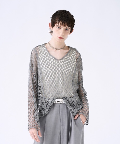 セーター ニット Blocking V-neck mesh knit ブロッキングVネック