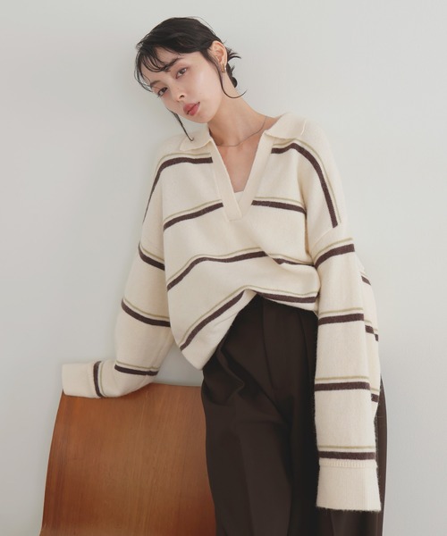 LIAN（リアン） ニット セーター アルパカタッチボーダーポロニット