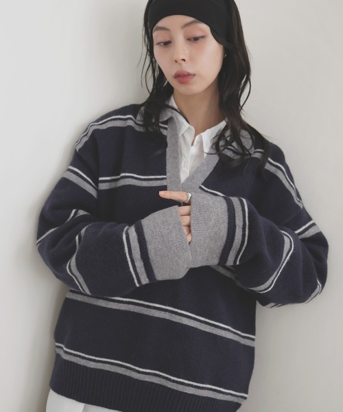 LIAN（リアン） ニット セーター アルパカタッチボーダーポロニット