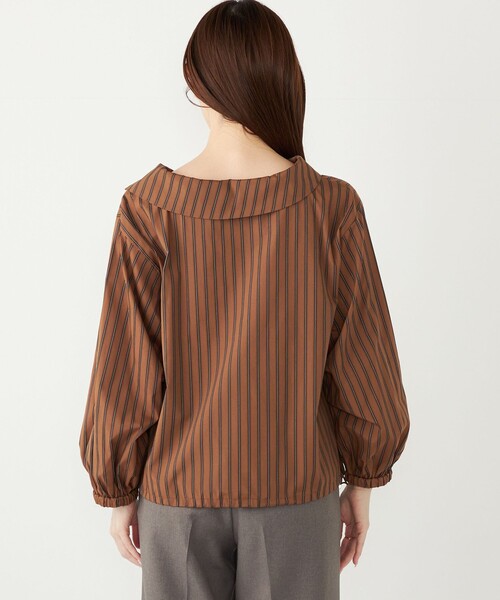 極美品　希少　SHIPS 長袖フリルデザインブラウス　ストライプ　ブラウン 極美品 希少 SHIPS 長袖フリルデザインブラウス ストライプ ブラウン
