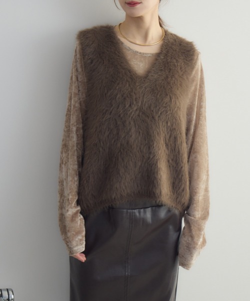 ダブルフェイスシャギーニットベスト She's Closet ベスト ジレ 深Vネックフェザーヤーンダブルジップ