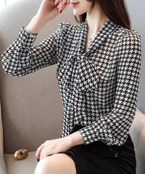 良品 LANVIN COLLECTION 千鳥格子 リボンブラウス 40 黒 Dream garden（ドリームガーデン） ブラウス シャツ YUGA ボリューム