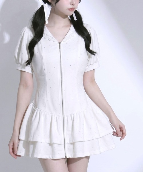 ホワイト 半袖ミニワンピース DearMyLoveRose（ディアマイラブローズ） ワンピース 夏 半袖 フロント