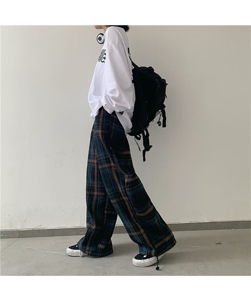 ARCHIVER パンツ チェック柄ルーズワイドレッグパンツ