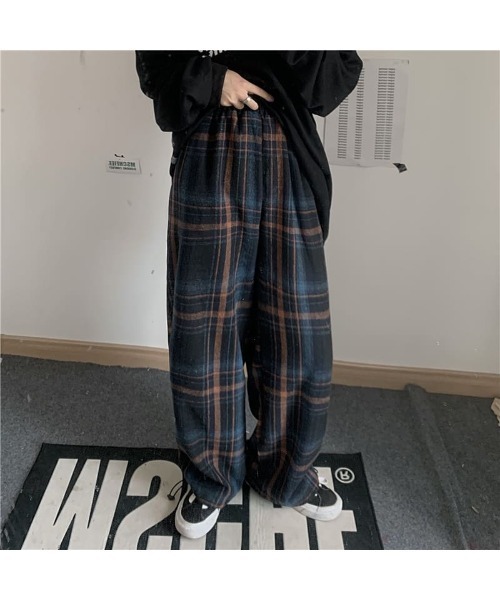 LCB-2409-008 パンツ ワイド チェック柄 カジュアル ルーズ ハイ ARCHIVER パンツ チェック柄ルーズワイドレッグパンツ