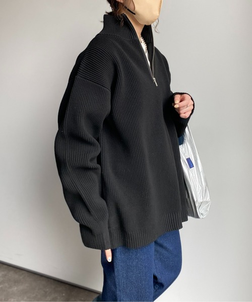 ☆20%割引☆PIA SPORTS　ハーフジップ セーター 黒　L MONO-MART セーター ニット ハーフジップ畦編みビッグシルエット