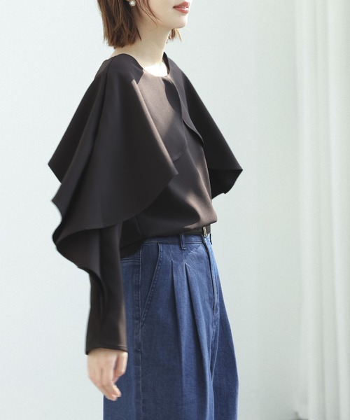 ROMEO GIGLI ブラックケープシャツ SAISON DE PAPILLON ブラウス シャツ クルーネックケープ