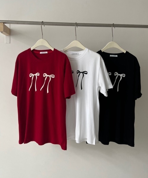 ANDMARY 半袖 Tシャツ バイカラー リボン GEMEDA tシャツ 半袖 ダブルリボンプリント半袖Tシャツ レディース