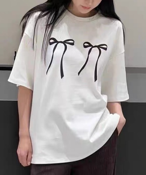 GEMEDA tシャツ 半袖 ダブルリボンプリント半袖Tシャツ レディース