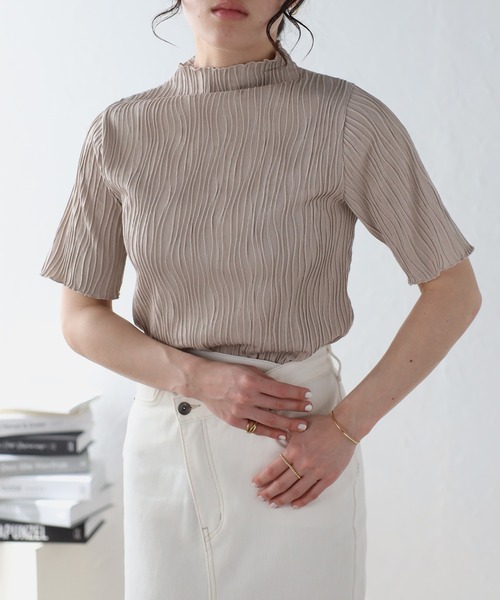 Fizz（フィズ） tシャツ 半袖 ウェーブジャガード ボトルネックTee