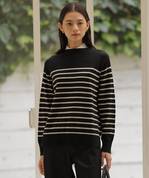 ニット セーター 「洗える」SOFT TOUCH WOOL 立ち襟 ボーダー ニット レディース