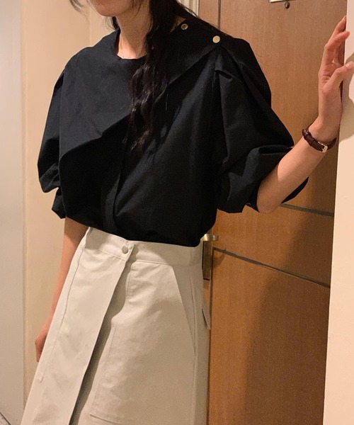 ブラウス シャツ ワンショルダーゴールドボタンレイヤード風ブラウス レディース ABITOKYO ブラウス シャツ ショルダーゴールドボタンレイヤード