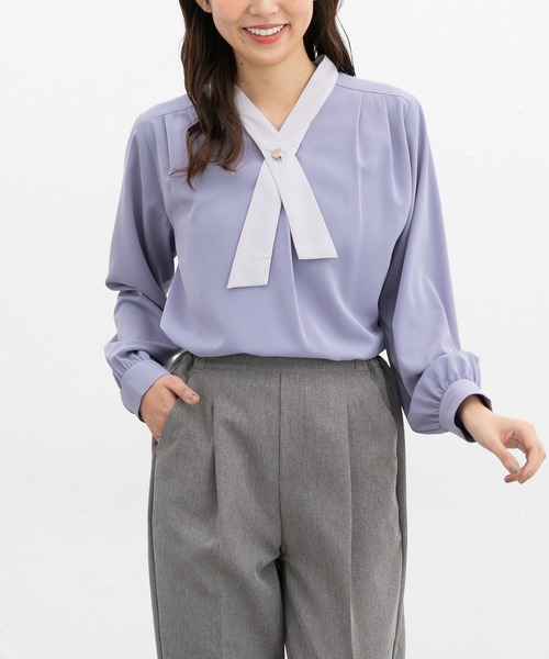 Honeys（ハニーズ） ブラウス シャツ 配色ボウタイブラウス レディース