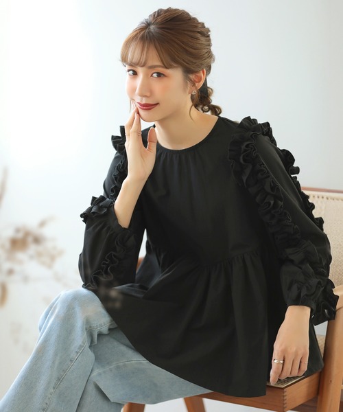 MERAKI ブラウス シャツ アームフリルペプラムブラウス レディース