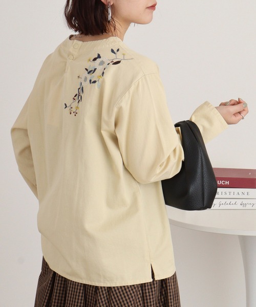 ブラウス シャツ EMAGO リーフ刺繍切替えブラウス レディース
