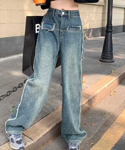 ワイドレッグパンツ デニム S〜2XL ウォッシュド ゼクチンピンタックウォッシュワイドデニムパンツ
