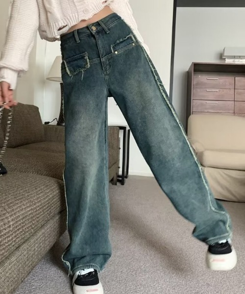 ストレートパンツ デニム ジーンズ レトロ カジュアル ワイド ジーンズ デニム デニムパンツ レトロウォッシュワイドレッグ