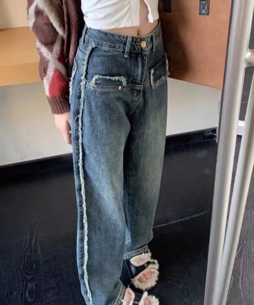 ストレートパンツ ウォッシュデニム ジーンズ アメリカン レトロ H.A.K ジーンズ デニム デニムパンツ ケミカルウォッシュ
