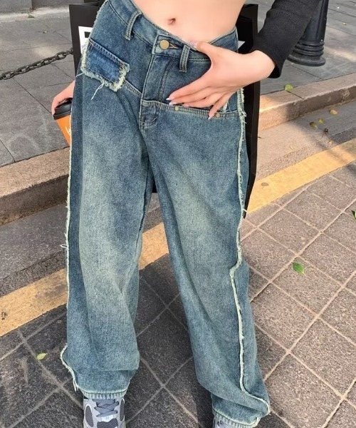 ストレートパンツ デニム ジーンズ ウォッシュドカラー レトロ Shoowtime ジーンズ Vintage wash wide straight denim pants