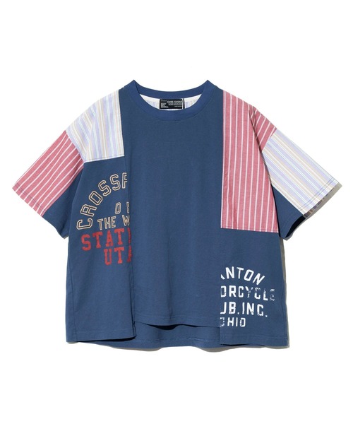 tシャツ CUBE SUGAR/キューブシュガー　ストライプMIX 切替半袖シャツPO レディース
