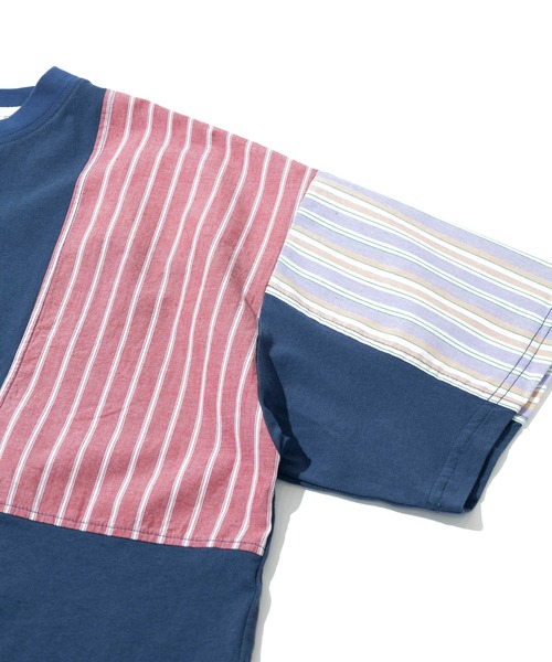 tシャツ CUBE SUGAR/キューブシュガー　ストライプMIX 切替半袖シャツPO レディース CUBE SUGAR tシャツ SUGAR/キューブシュガー ストライプMIX 切替