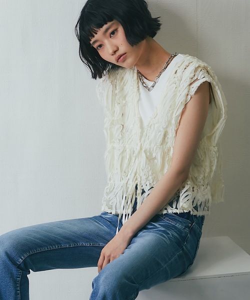 ベスト ジレ 刺繍レースシアーベスト レディース