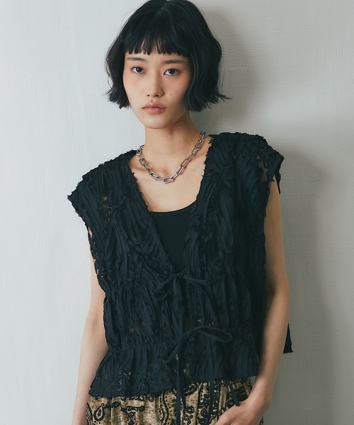 美品 Rossa インポートローサ レース メッシュ シアーベスト ジレ ヴァン Vin Ample コードレースメッシュジレ （ブラック
