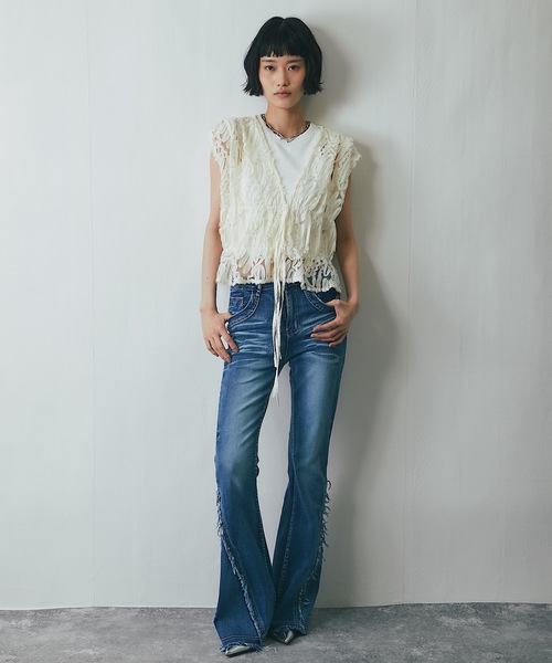 ベスト ジレ ライン刺繍ボアベスト レディース URBAN RESEARCH ベスト ジレ カットワークレース刺繍ジレ
